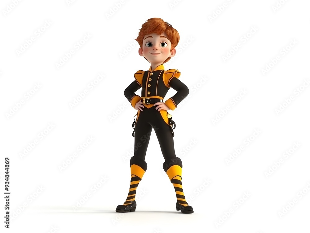 Poster graceful 3d animated boy dancer standing tall in uniform on plain white background showcasing moveme
