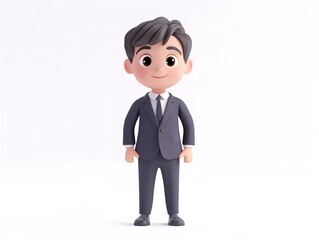 3D animation of a young adult male boy character in a formal businessperson uniform standing centered and isolated on a plain white background without any shadows or additional elements