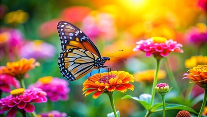 Fototapeta premium Butterfly resting on a colorful flower in a garden