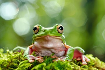 Frog sitting on green mossy surface with blurry background in nature wilderness environment