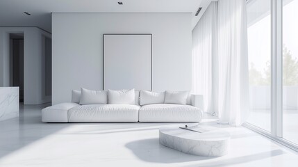 Modern living room, white interior design style. Mockup canvas over sofa. 3D illustration.
