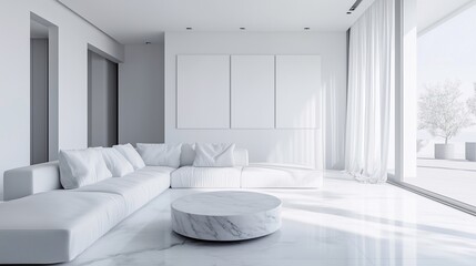 Modern living room, white interior design style. Three mockup canvases over sofa. 3D illustration.