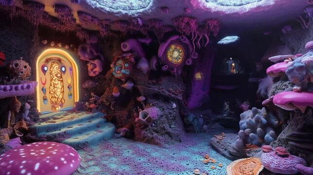 A psychedelic deep interior space or cavern with vivid colors and swirling spiral details - a 3D motion loop scanning a trippy forest or underground home interior