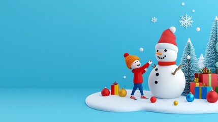 Playful child building a snowman with gifts and snowflakes in a festive winter scene