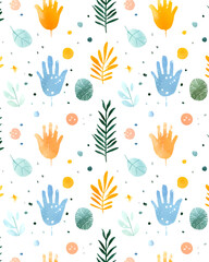 A colorful pattern of leaves and hands is painted on a white background. The design is playful and whimsical, with the hands and leaves appearing to be intertwined. The use of bright colors