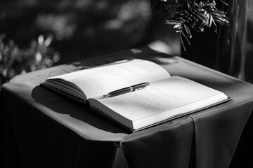 Elegant Guestbook for Condolences with Pen on Black Tablecloth at Funeral Service