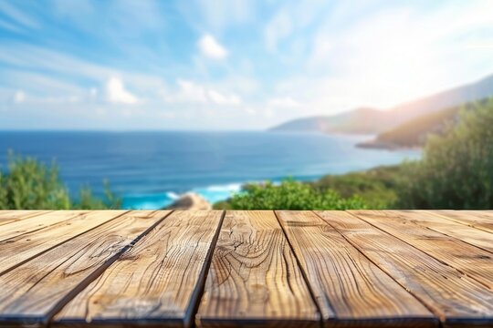 Wooden Tabletop with Blurred View of Sea and Coastline