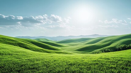 Fototapeta premium Feel nature's calm in a scenic valley with rolling hills covered in rich green grass and a clear, expansive sky