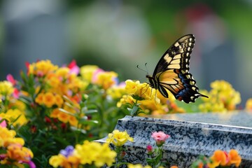 Obraz premium Butterfly on Headstone with Fresh Flowers Symbolizing Hope and Endurance, Tranquil Transformation