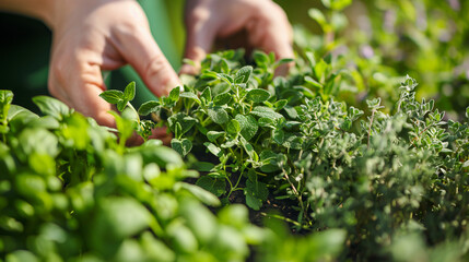 A gardener is gently picking fresh herbs like oregano and thyme, surrounded by lush greenery under the warm sun in a vibrant garden