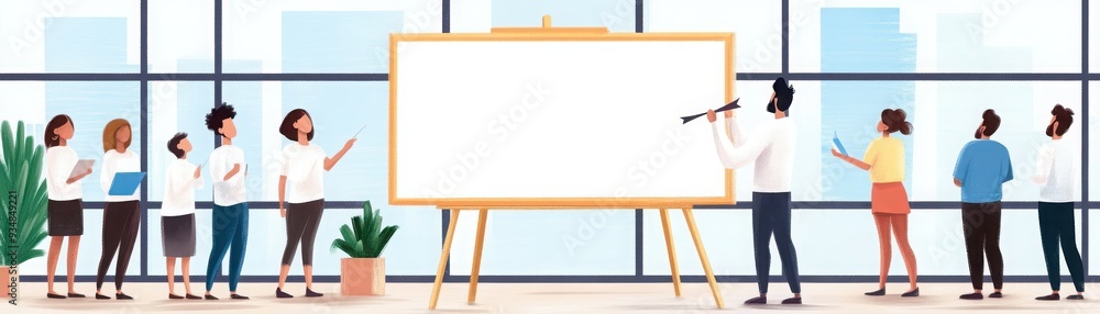 Poster a diverse group of professionals engaging in a presentation in a modern office setting with a blank 