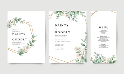Elegant set of wedding invitation templates with geometric gold frame and floral watercolor