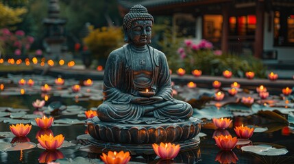 big Buddha statue, candles with light and lotuses outdoor.