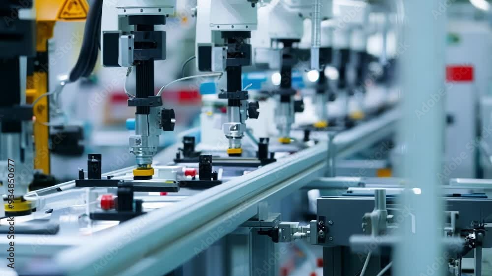 Poster modern industrial factory using automated robotic arms to manufacture products on an assembly line. 