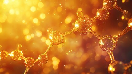 A close-up of a glowing golden molecular structure surrounded by vibrant particles, set against a radiant background, symbolizing luxury and advanced science.