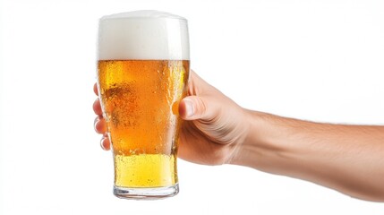 Hand holding beer glass isolated white background