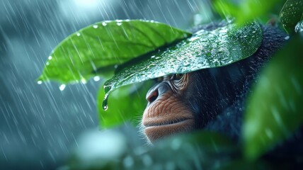 Monkey sheltering under large leaves in a rain-soaked jungle, with raindrops cascading off its fur and blending into the lush,