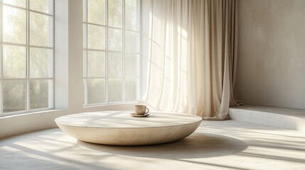 Fototapeta premium Minimalist interior with a round table and a cup of coffee.