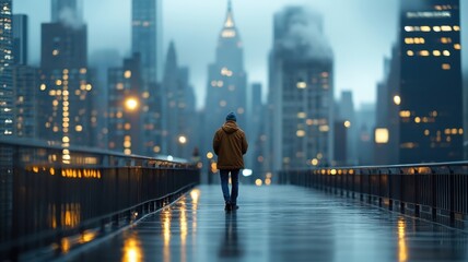 Striking image of an owl on a rooftop overlooking a bustling cityscape, with skyscrapers and city lights contrasting its serene and majestic presence.