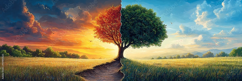 Poster vector art showing a split landscape with one side barren and dry and the other lush and green repre