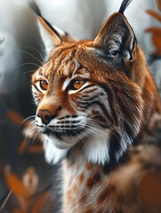 Obraz premium Majestic Bobcat, Lynx rufus, close up with warm tones in a wilderness backdrop