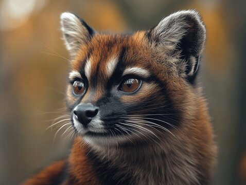 Portrait of an Asian palm civet, Paradoxurus hermaphroditus, surrounded by tropical leaves