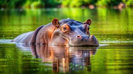 Fototapeta premium Hippo peacefully resting in the water, hippopotamus, relaxation, peaceful, tranquil, serene, animal, wildlife, resting, water, nature