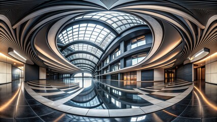 360 degree full panorama interior of black abstract geometric building with twist vortex design  render, hdri, hdr