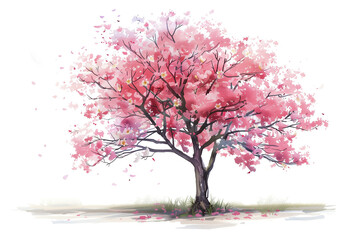 Beautiful watercolor illustration of a blooming shrub and grass isolated on white background. Perfect for spring and nature-themed designs and projects.