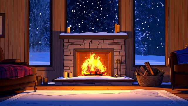 Cozy winter fireplace scene in a rustic cabin with falling snow outside. Seamless looping 4k time-lapse animation video background