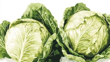 The image shows two heads of cabbage with lush, leafy layers in shades of green, depicted in a naturalistic and slightly stylized illustration.
