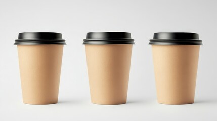 Three brown paper cups with black lids on a white background.