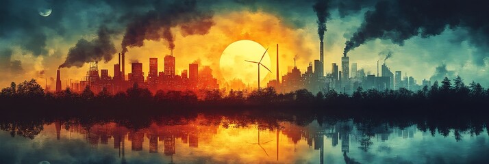 Vector art showing the contrast between a polluted industrial city and a green renewable energypowered city emphasizing the benefits of sustainable development in addressing Climate Change