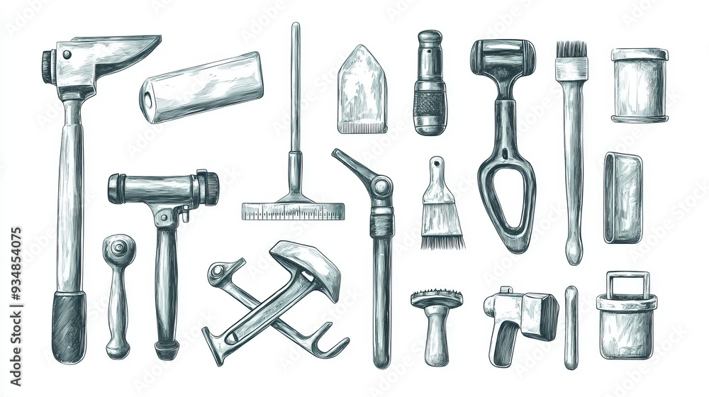 Wall mural sketch icons of house repair tools. vector set includes home construction drill, saw, hammer, carpen