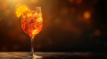 A glass of Aperol Spritz cocktail garnished with an orange slice, illuminated by warm evening light
