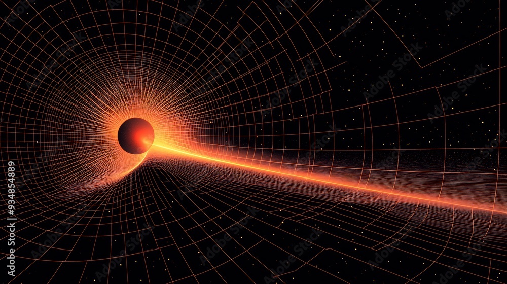 Poster vector depiction of a black hole with a defined schwarzschild radius where 3d space warps around the