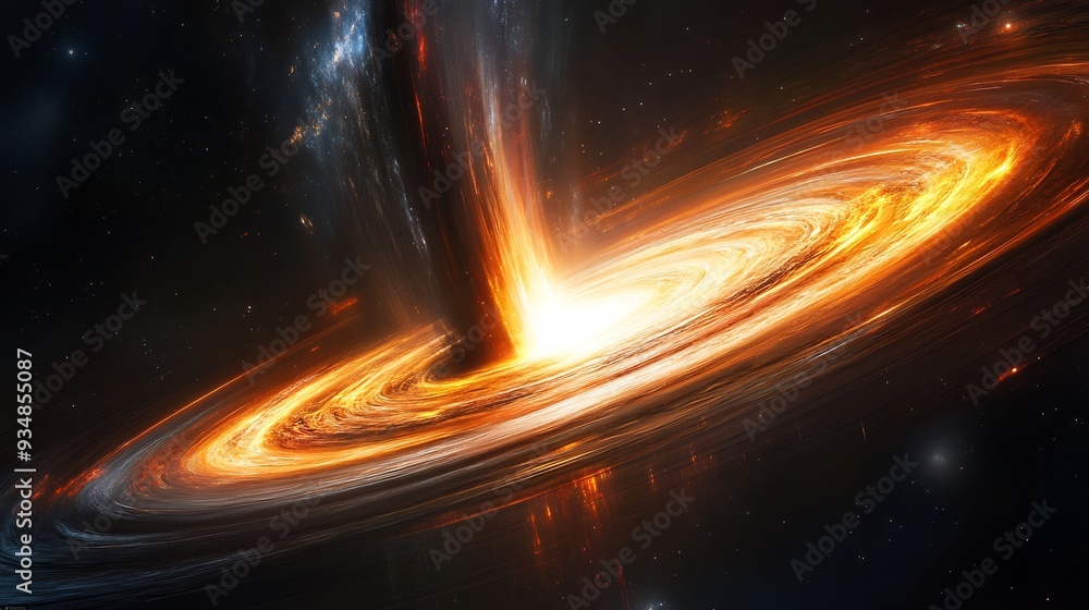 Poster vector depiction of a black hole with a defined schwarzschild radius where 3d space warps around the