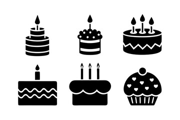 Set of Happy Birthday cake icons silhouette vector art illustration