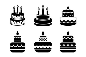 Set of Happy Birthday cake icons silhouette vector art illustration