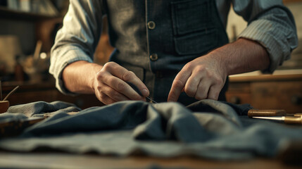 A tailor focuses intently on sewing fabric with a needle in a well-equipped workshop, showcasing craftsmanship and attention to detail in the warm afternoon light