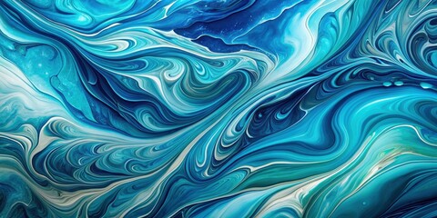 Fototapeta premium Abstract blue and teal fluid art with chaotic marble texture and dynamic curved lines, alcohol ink, background