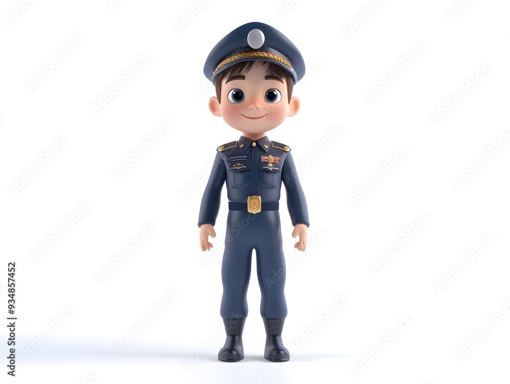 Poster 3d rendered animation of a young boy wearing a full body flight engineer uniform standing centered o