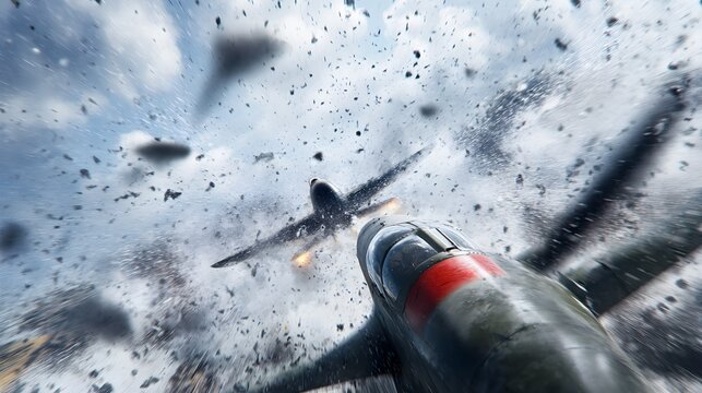 Retro-style aerial combat, fighter planes, cloud-filled sky, action-packed scene