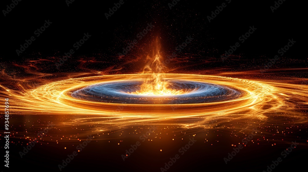 Poster vector depiction of a black hole surrounded by a 3d accretion disk with 2d matter being pulled from 