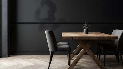 Rustic dining room, reclaimed wood table, vintage chairs, distressed textures, warm ambiance