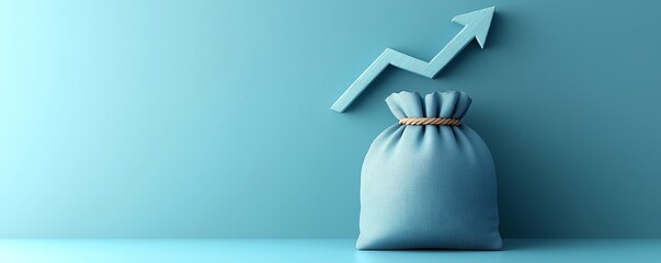 Money sack and upward arrow representing growth and financial success on a blue background