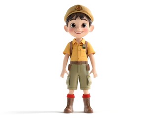 3D Animation of a Full Body Boy in a Tour Guide Uniform Standing at the Center Isolated on a White Background with No Shadow