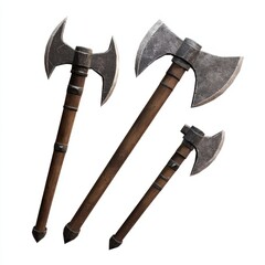 3D Render of a set of medieval throwing axes and daggers, on isolated white background
