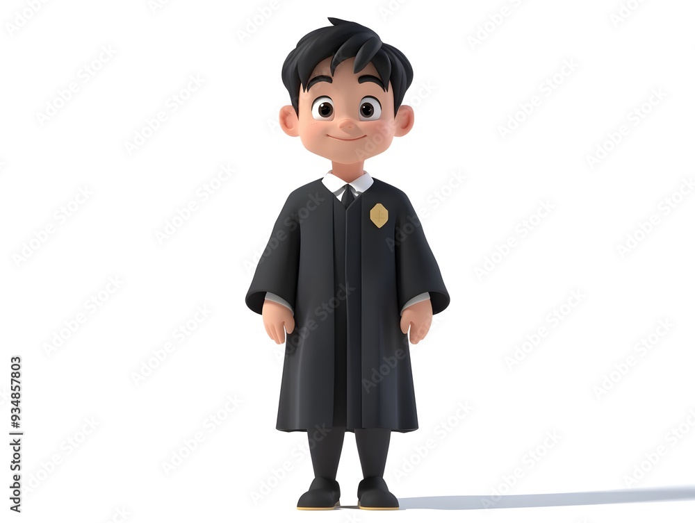 Poster detailed 3d animation of a full body boy character wearing a judge s uniform standing in a formal co