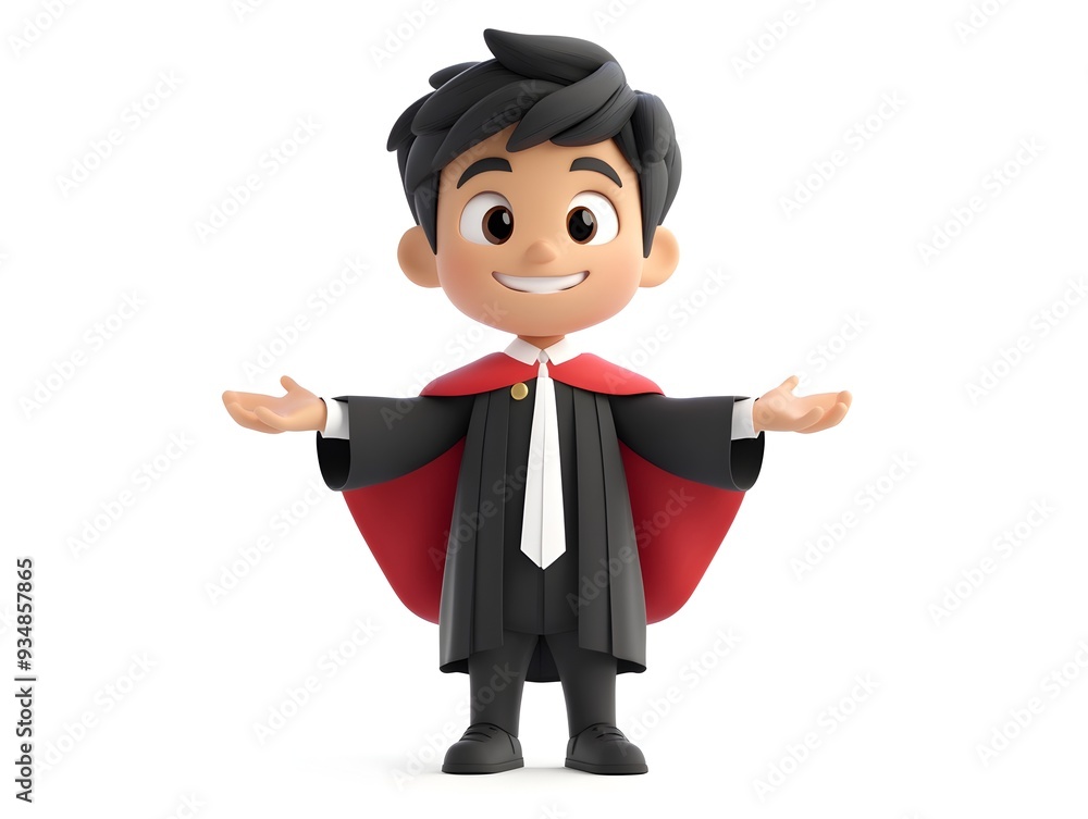 Poster confident young judge in official uniform standing upright in a detailed 3d animation isolated on a 